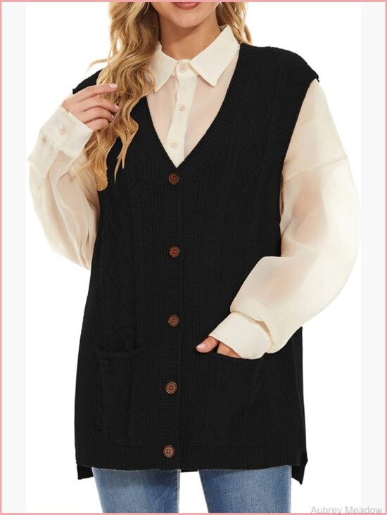 Sweaters - Women's Cable Knit Sleeveless Cardigan Vest Button Down Oversized